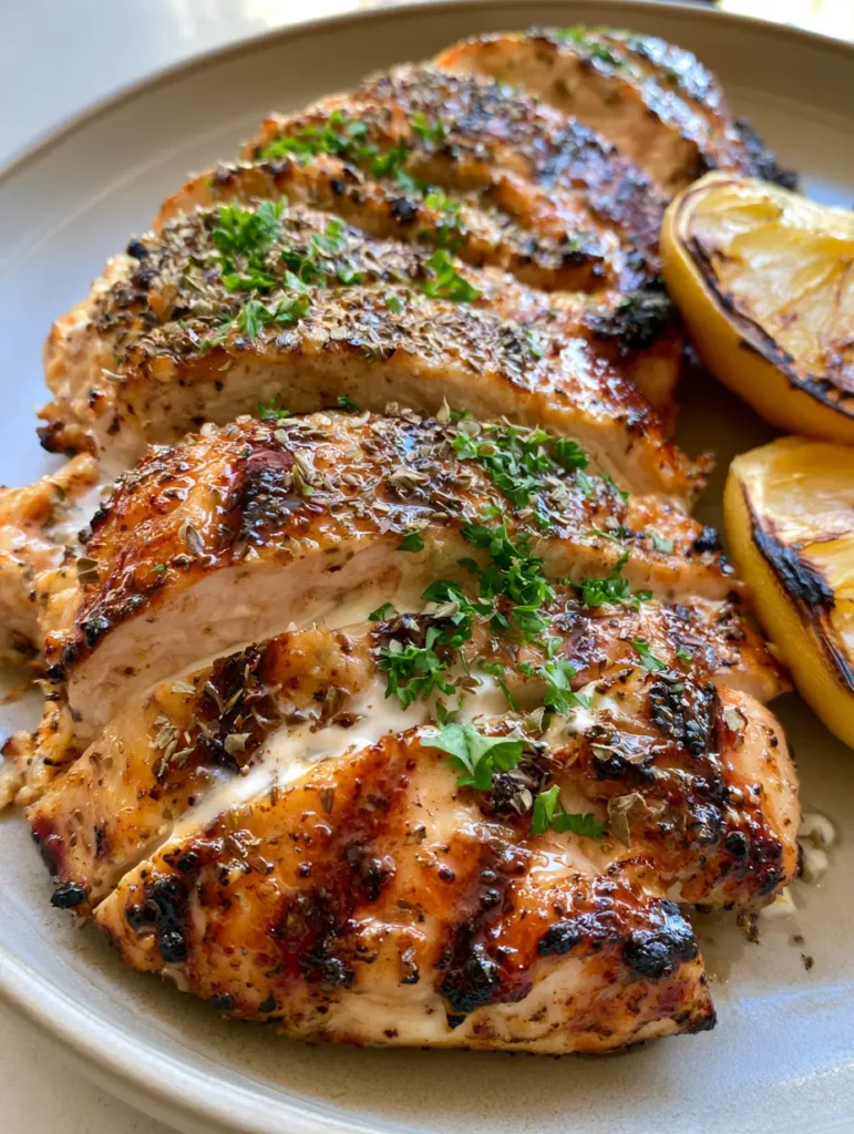 Succulent sliced chicken breast showcasing the creamy yogurt marinade residue and roasted lemon wedges. (Greek Chicken Marinade)
