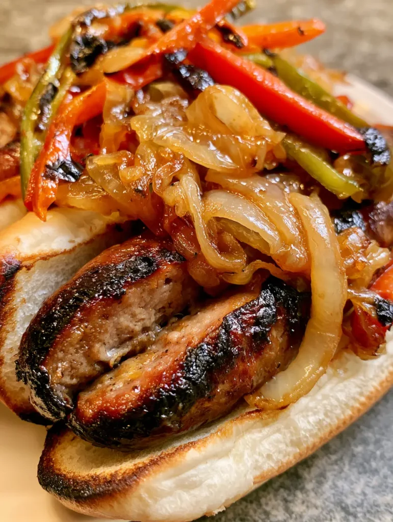 Close up shot of a split beef kielbasa sausage with dark black char marks and glistening meat juices in a hoagie bun. (Grilled Kielbasa Sandwich)