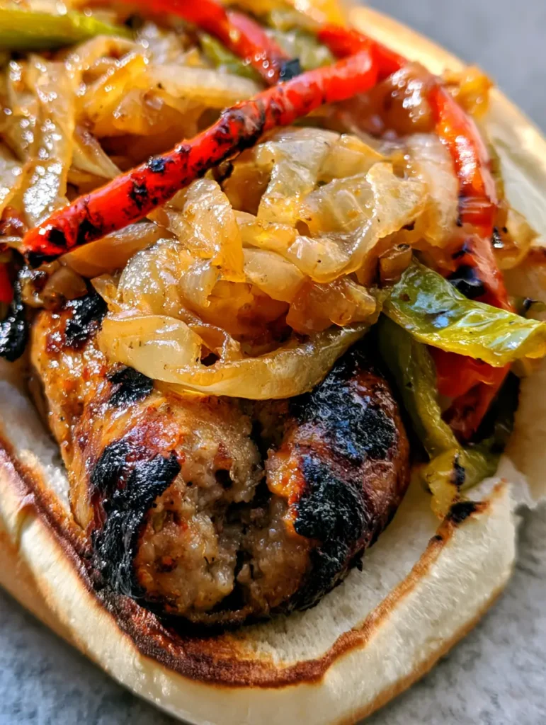 Grilled Kielbasa Sandwich with Caramelized Onions and Blistered Peppers 1 A Grilled Kielbasa Sandwich topped with golden caramelized onions and charred red and green bell pepper strips on a grey stone background.
