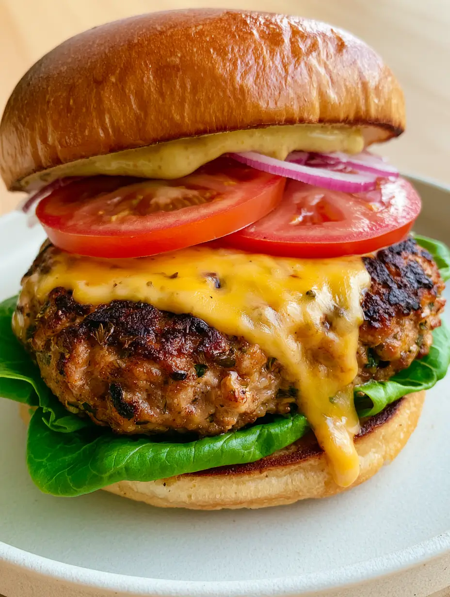 Juicy Turkey Burger Recipe: The Ultimate Moist and Flavorful Guide 4 Close up photo of a seared ground turkey patty with melted cheese and herb flecks. (Juicy Turkey Burger Recipe)