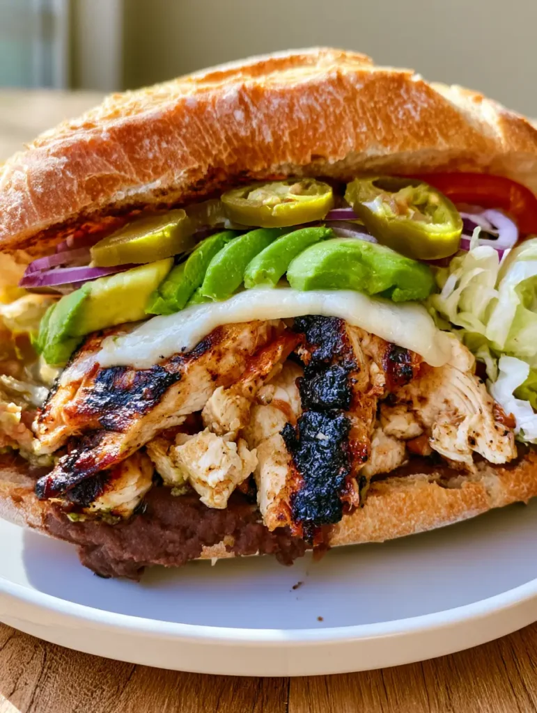 Chicken Torta Sandwich: The Ultimate Mexican Grilled Chicken Telera 2 Close-up eye-level shot of a Mexican Chicken Torta sandwich on a toasted bolillo roll with visible sear marks on grilled chicken.
