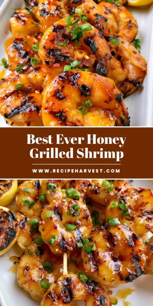Grilled Shrimp Recipe with Honey Glaze and Charred Lemon 4 A top-down view of the Grilled Shrimp Recipe showing golden-amber honey glaze and dark grill marks on a white platter. (Grilled Shrimp Recipe)