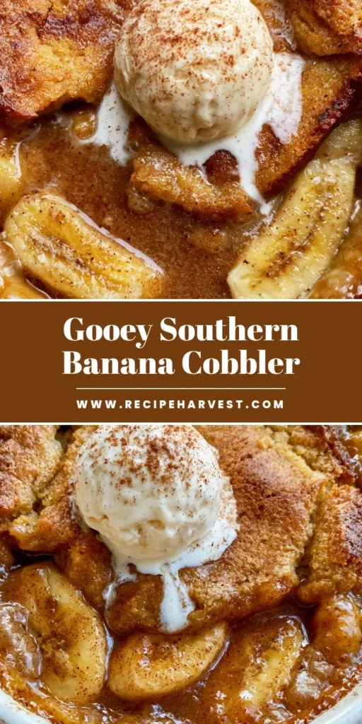 A close-up shot of Southern Banana Cobbler in a white dish with a golden-brown buttery crust, bubbling caramel, and a melting scoop of vanilla ice cream.