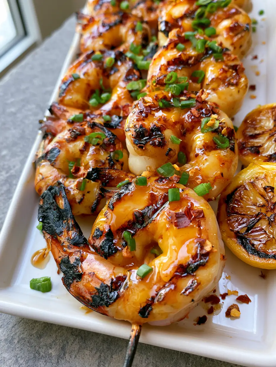 Grilled Shrimp Recipe with Honey Glaze and Charred Lemon 3 Close-up of curled grilled shrimp skewers with glossy honey glaze and green scallions. (Grilled Shrimp Recipe)
