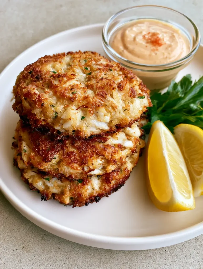 Copycat Joe’s Crab Shack Crab Cakes: The Ultimate Restaurant-Style Recipe 1 Three thick crab cakes stacked on a white ceramic plate with a side of orange remoulade.
