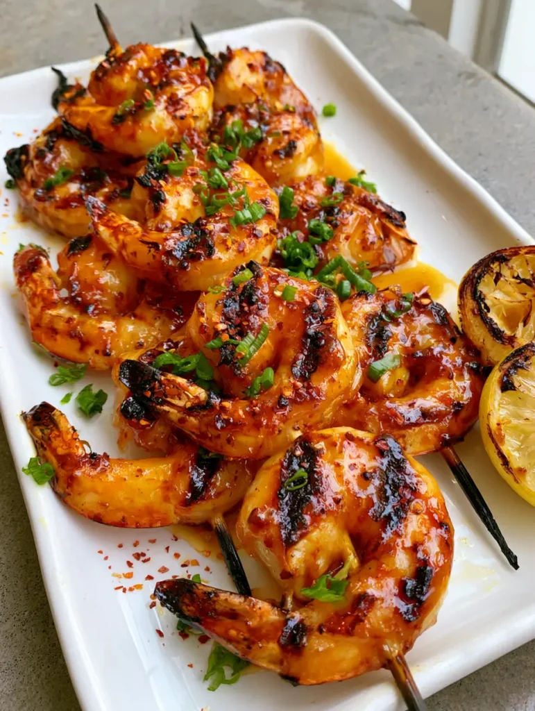 Grilled Shrimp Recipe with Honey Glaze and Charred Lemon 1 Grilled shrimp skewers on a white ceramic platter with charred lemon halves and red chili flakes.