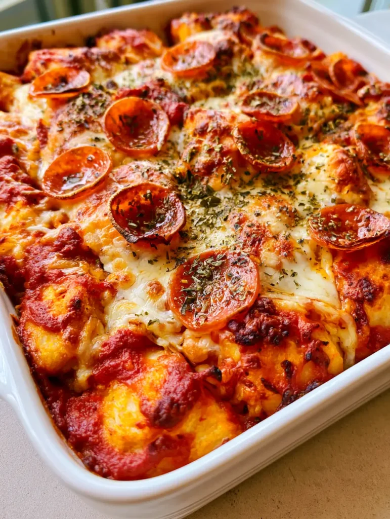 Bubble Up Pizza Casserole: The Easiest Weeknight Pepperoni Bake 2 Close-up of Bubble Up Pizza Casserole showing the stretchy mozzarella cheese and charred pepperoni edges.