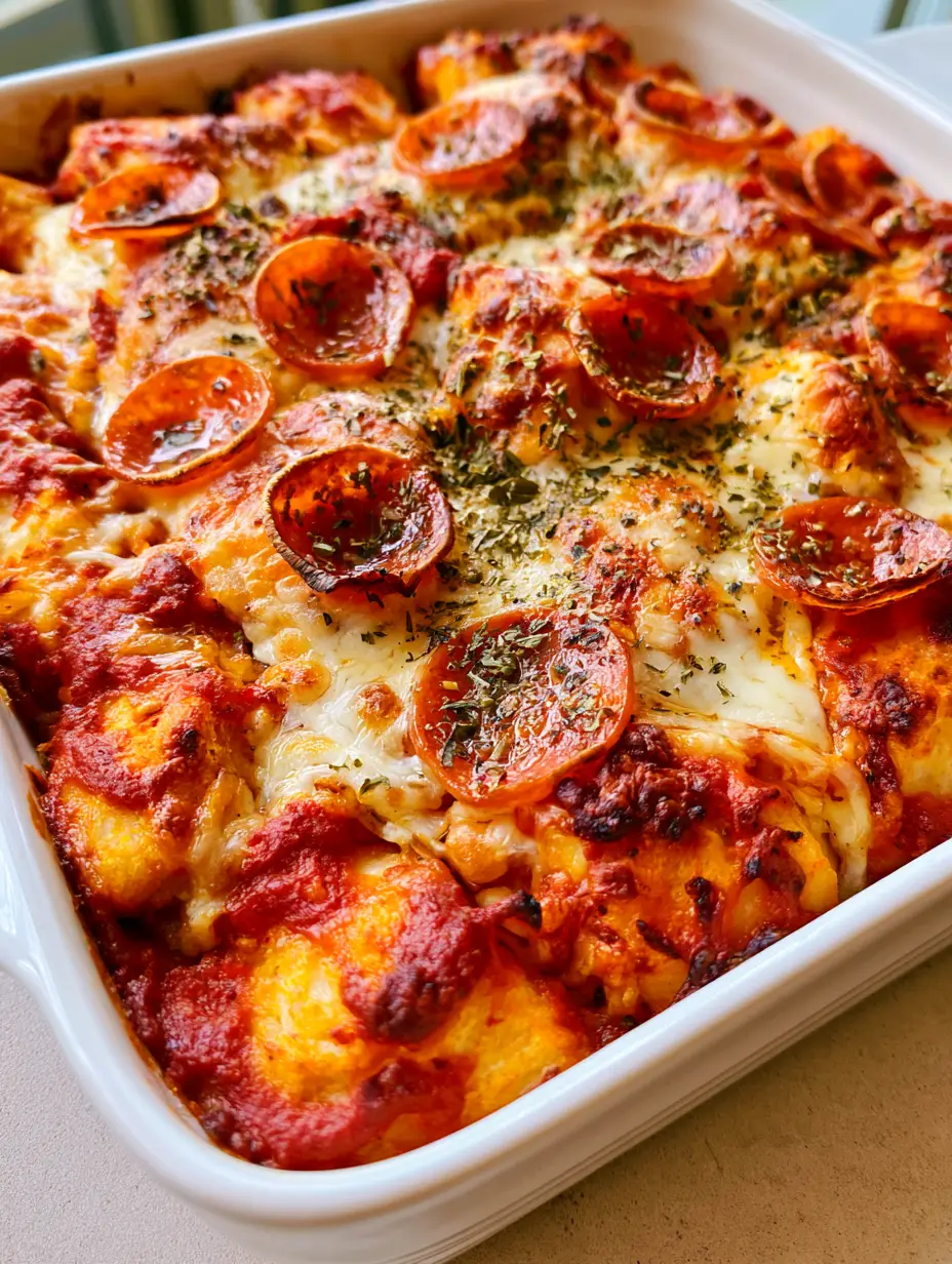 Bubble Up Pizza Casserole: The Easiest Weeknight Pepperoni Bake 4 Close-up of Bubble Up Pizza Casserole showing the stretchy mozzarella cheese and charred pepperoni edges.