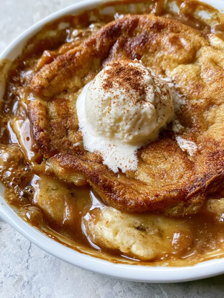Close-up of melting vanilla ice cream over a warm Southern Banana Cobbler with visible cinnamon-sugar syrup.
