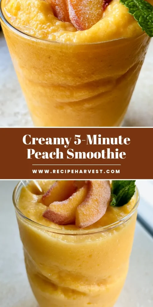 Peach Smoothie: The Ultimate Thick and Creamy Summer Treat 4 A tall glass of thick, pale orange Peach Smoothie topped with frosted peach slices and mint on a stone countertop.
