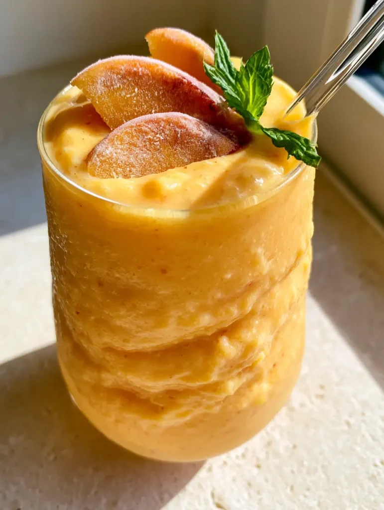 Detailed shot of a Peach Smoothie showing three frozen peach crescents with frost and a clear glass straw.