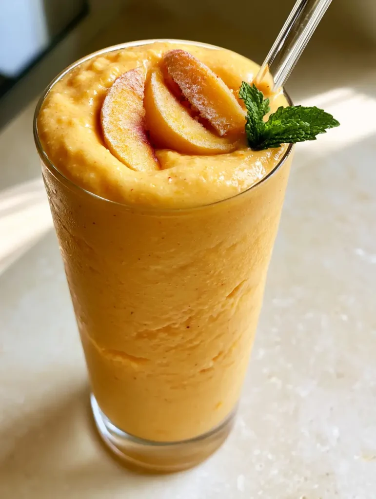 Peach Smoothie: The Ultimate Thick and Creamy Summer Treat 1 Handheld photo of a Peach Smoothie in a clear glass sitting on a neutral stone countertop in natural daylight.