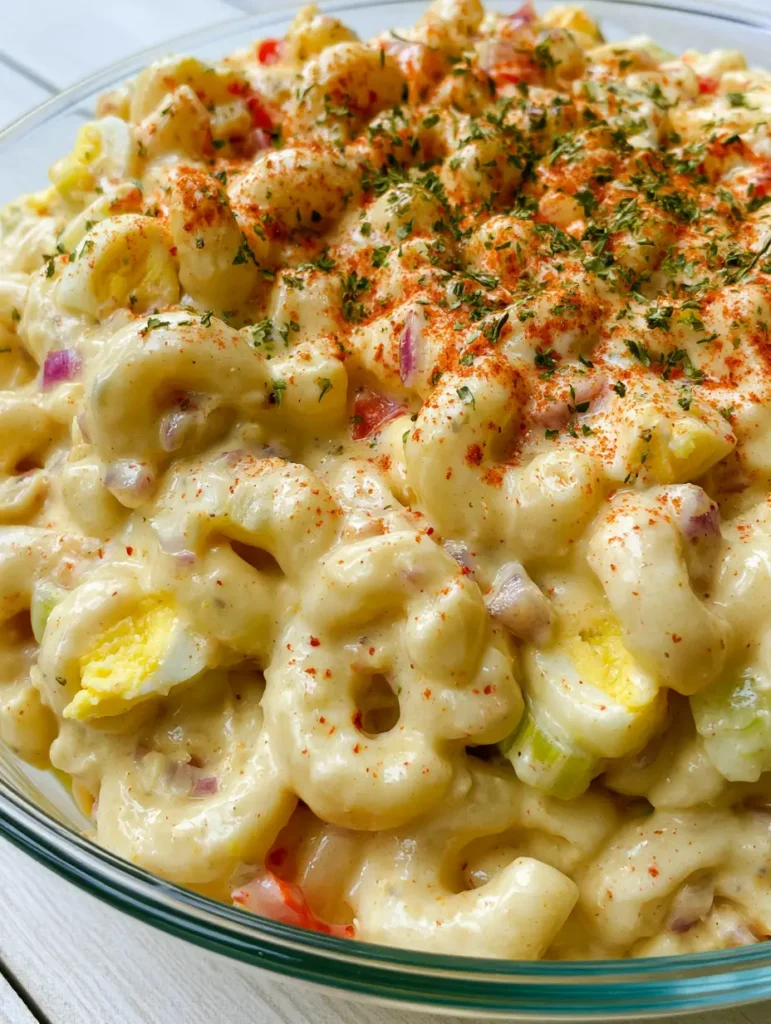 A close-up view of Amish Pasta Salad showing the texture of the elbow macaroni and the thick yellow dressing. (Amish Pasta Salad)