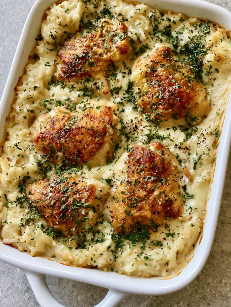 Close up shot of golden-brown chicken thighs on a bed of creamy ivory rice. (Dump and Bake Chicken and Rice)