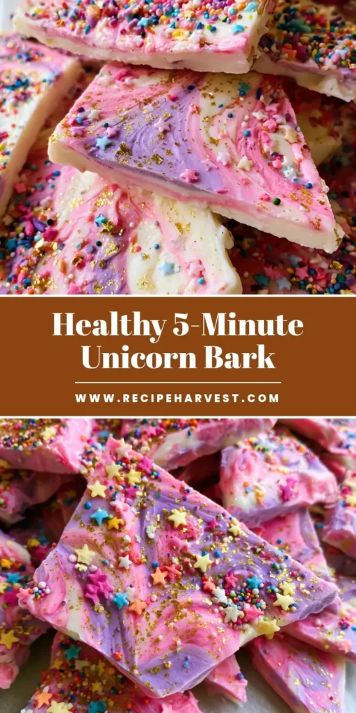 Unicorn Yogurt Bark: The Ultimate Magical Frozen Snack 3 A pile of jagged Unicorn Yogurt Bark shards on white parchment paper featuring pink and purple swirls, star sprinkles, and gold glitter flakes.