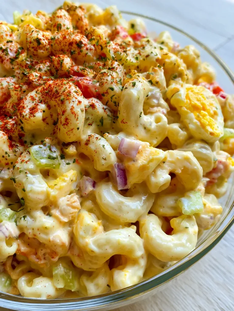 Amish Pasta Salad: The Creamiest Sweet and Tangy Macaroni Side 1 Smartphone photo of Amish Pasta Salad in a glass bowl, highlighting the red onions, celery, and smoked paprika garnish.