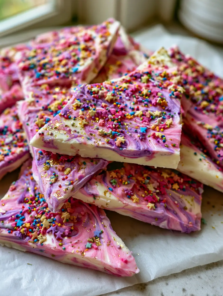Unicorn Yogurt Bark: The Ultimate Magical Frozen Snack 4 Smartphone photo of frozen unicorn yogurt bark shards with marbleized pastel swirls and star-shaped sprinkles. (Unicorn Yogurt Bark)
