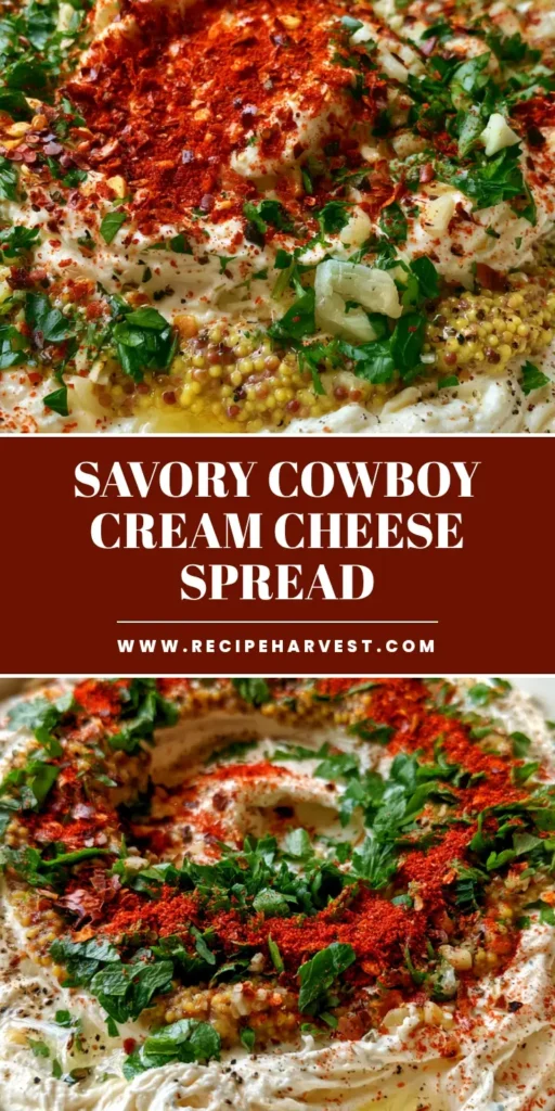 Cowboy Cream Cheese: The Bold, Zesty Whipped Spread You Need 3 A vertical shot of a white bowl filled with whipped Cowboy Cream Cheese topped with mustard, garlic, and red pepper flakes.