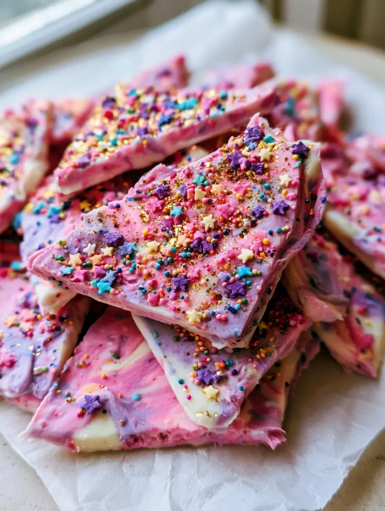 Unicorn Yogurt Bark: The Ultimate Magical Frozen Snack 1 Close up of rainbow nonpareils and edible gold glitter flakes on a bed of swirled pink and purple Greek yogurt bark.