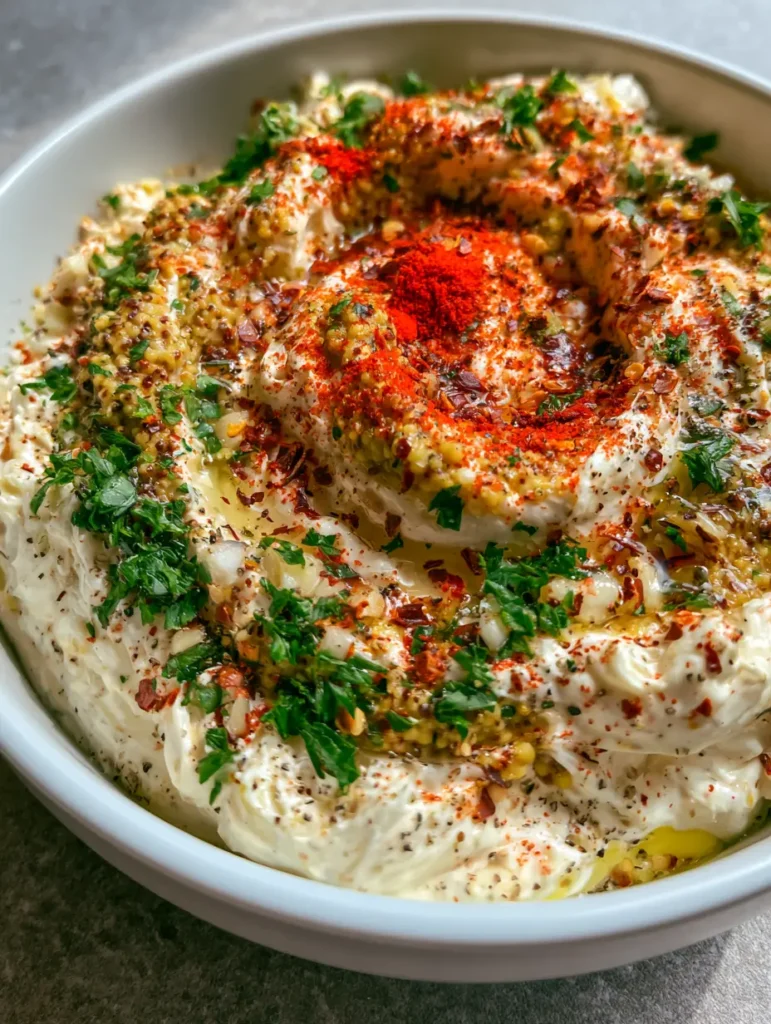 Close-up photo of whipped Cowboy Cream Cheese with visible swirls of grainy mustard and fresh parsley.