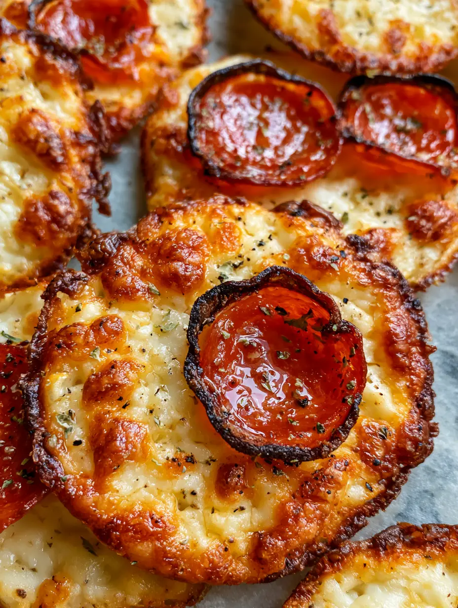 Close-up of Pepperoni Cheese Crisps showing the bubbly texture and toasted lacy edges of the baked cottage cheese.