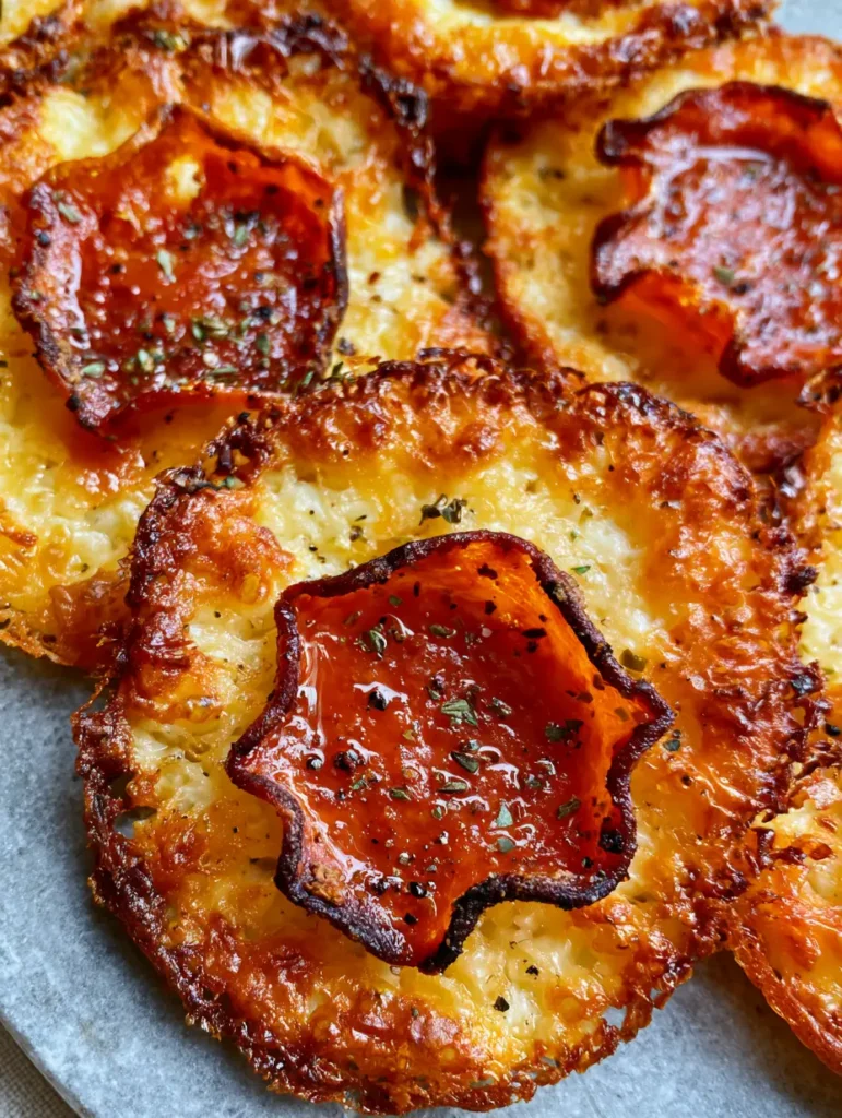 Several circular baked Pepperoni Cheese Crisps arranged on a neutral grey background, garnished with oregano.