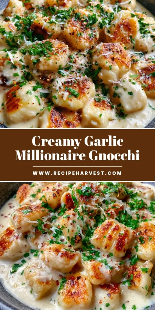 Creamy Garlic Parmesan Gnocchi (The Ultimate Millionaire Gnocchi) 4 A vertical Pinterest pin showing a close-up of Creamy Garlic Parmesan Gnocchi with golden-brown edges in a glossy cream sauce.