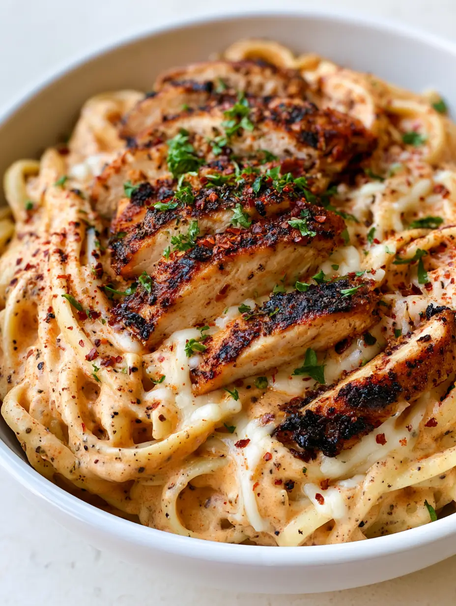 Cajun Chicken Pasta: The Ultimate Creamy Garlic Mozzarella Recipe 3 A bird's-eye view of a ceramic bowl filled with linguine coated in a pale orange Cajun cream sauce topped with seared chicken. (Cajun Chicken Pasta)