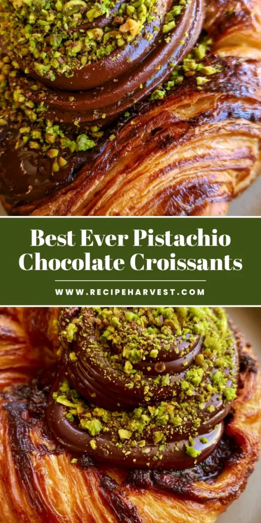 Pistachio Chocolate Croissants: The Ultimate Flaky Pinterest-Perfect Treat 4 A close-up of a handheld Pistachio Chocolate Croissant with a thick dark chocolate swirl and vibrant green pistachios.