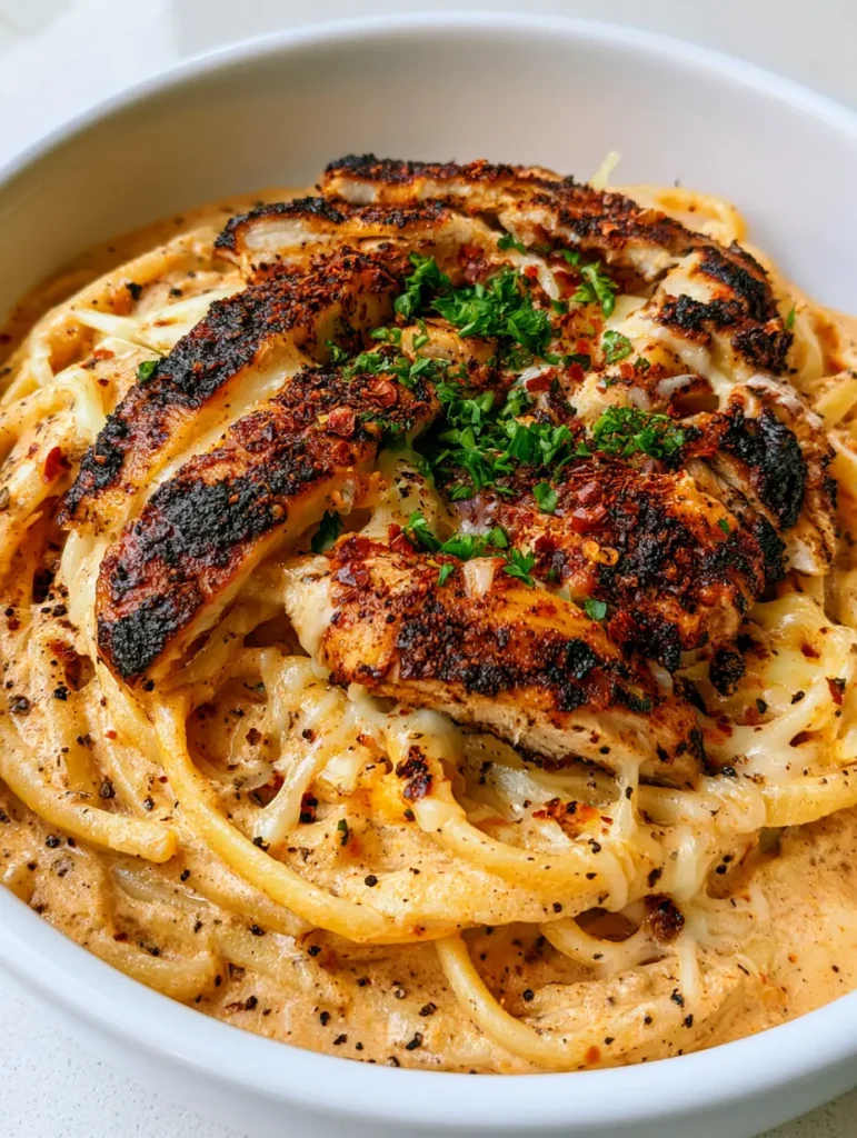 Cajun Chicken Pasta: The Ultimate Creamy Garlic Mozzarella Recipe 1 Delicious strands of linguine being lifted from a bowl, showing the melted mozzarella cheese strings. (Cajun Chicken Pasta)