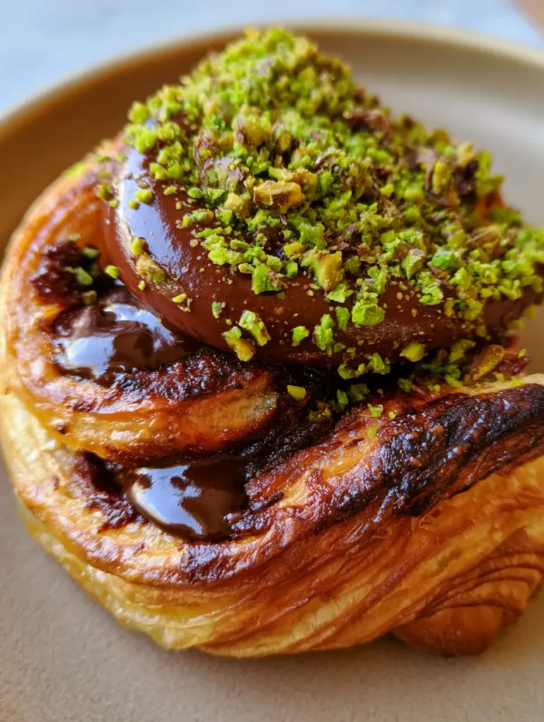 Close-up handheld photo of golden-brown flaky Pistachio Chocolate Croissants with melted dark chocolate ganache.