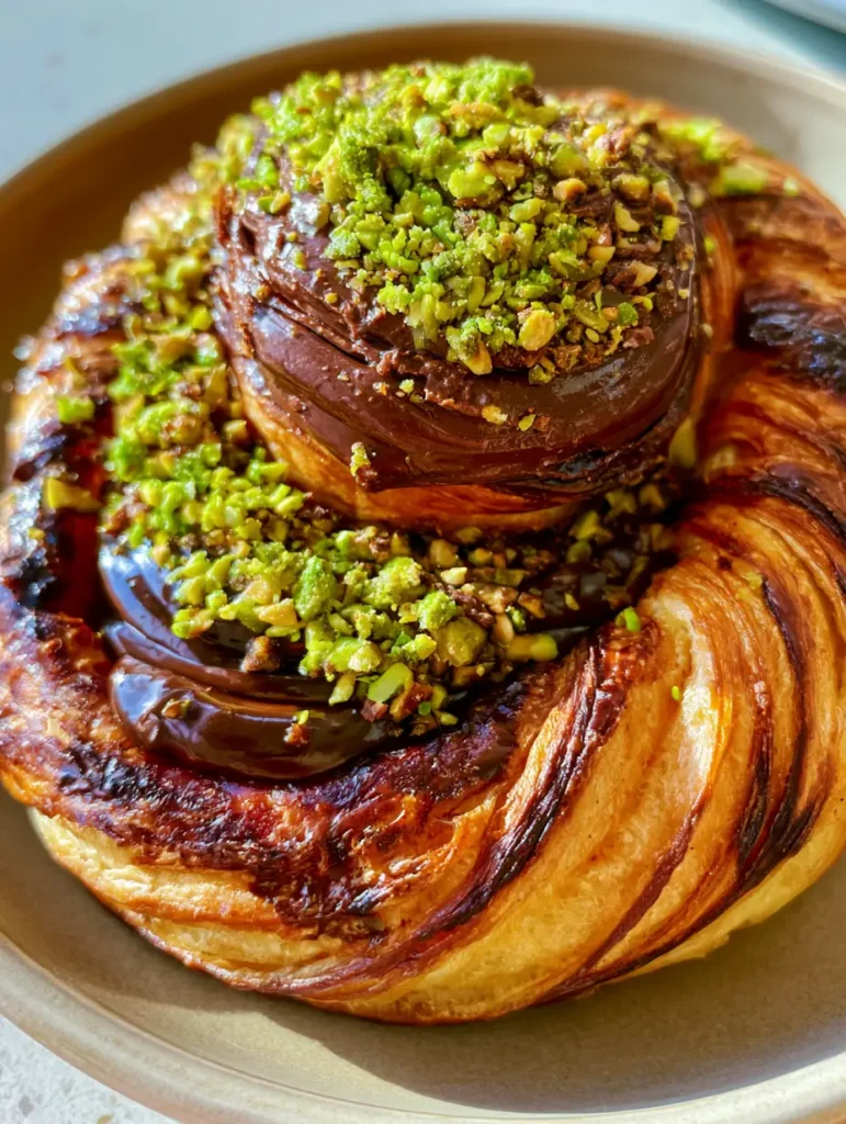 Pistachio Chocolate Croissants: The Ultimate Flaky Pinterest-Perfect Treat 1 Pistachio Chocolate Croissants on a neutral ceramic plate showing glossy dark chocolate and roasted nuts.