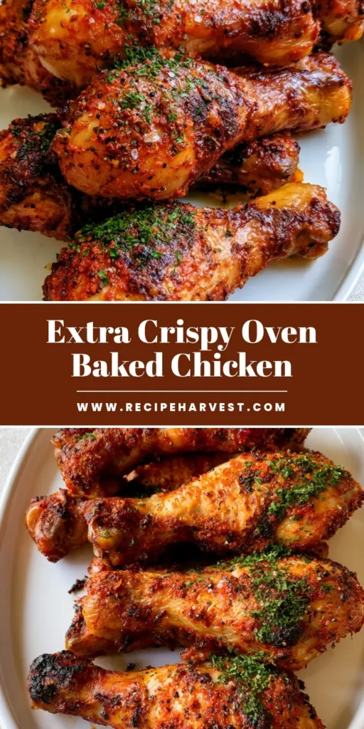 A stack of six roasted chicken drumsticks on a white platter featuring crispy charred skin and a red-orange spice rub. (Crispy Oven Baked Chicken Drumsticks)
