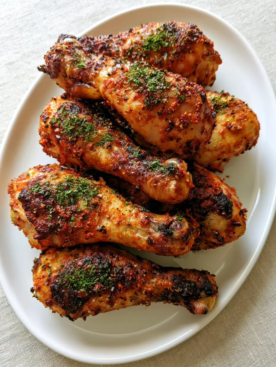 Intensely golden-brown roasted chicken drumsticks with coarse black pepper and sea salt seasoning. (Crispy Oven Baked Chicken Drumsticks)