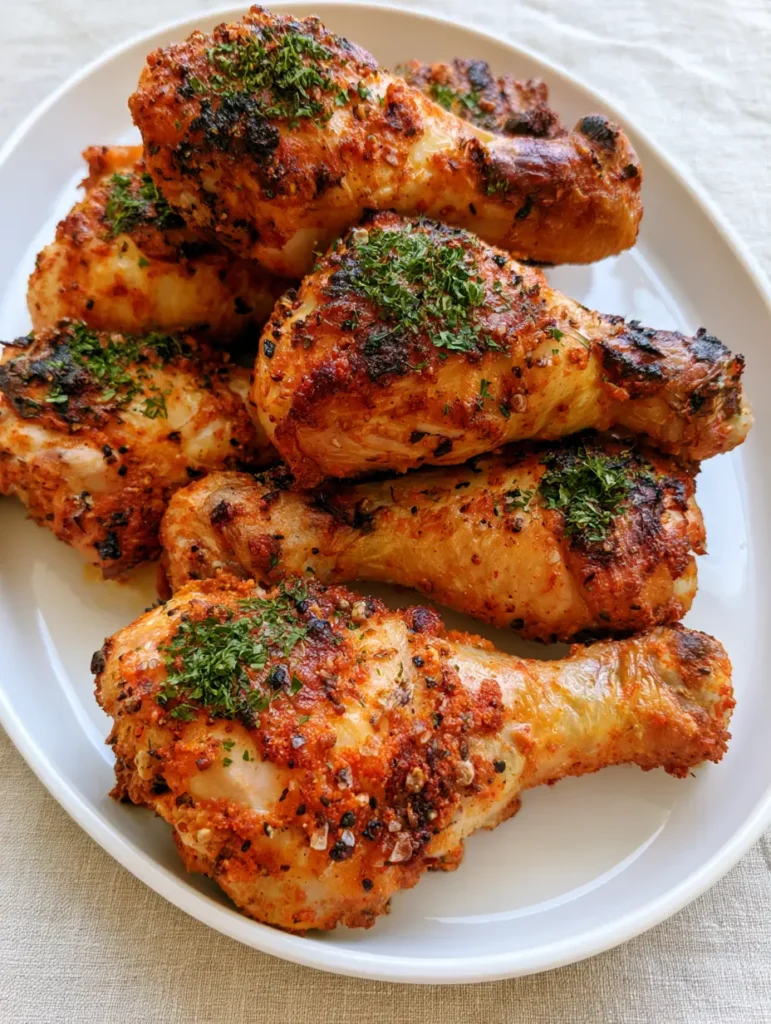 Close up of six chicken drumsticks on a white platter showing the glistening natural fat and red-orange spice rub. (Crispy Oven Baked Chicken Drumsticks)
