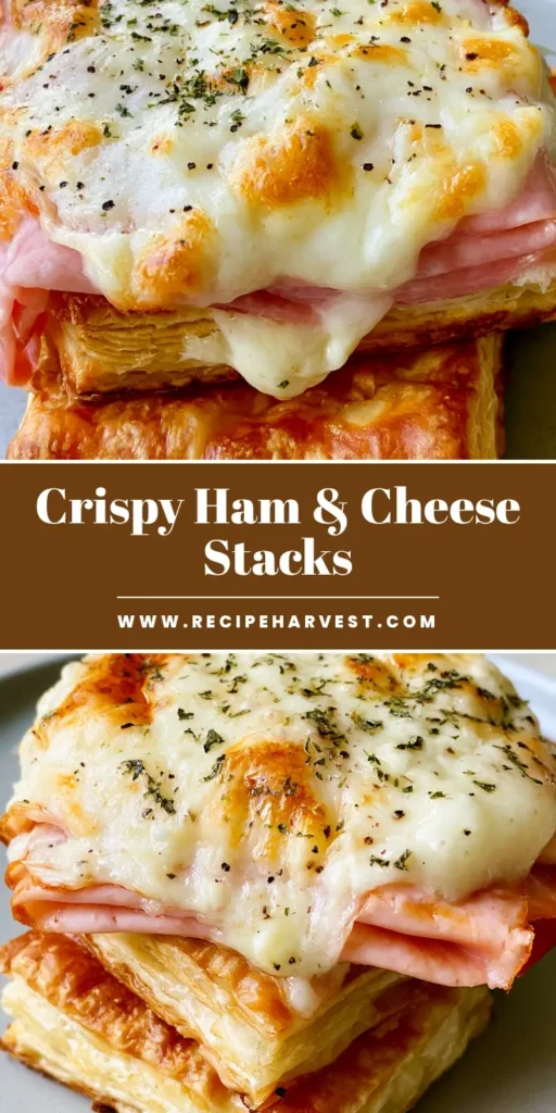 Ham and Cheese Puff Pastry: The Easiest Flaky 20-Minute Appetizer 4 A tall stack of crispy Ham and Cheese Puff Pastry squares with visible flaky layers and melted white cheese.
