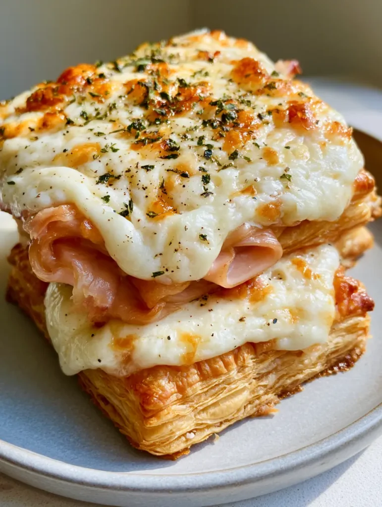 Close-up smartphone photo of golden-brown Ham and Cheese Puff Pastry with bubbling cheese and herbs.