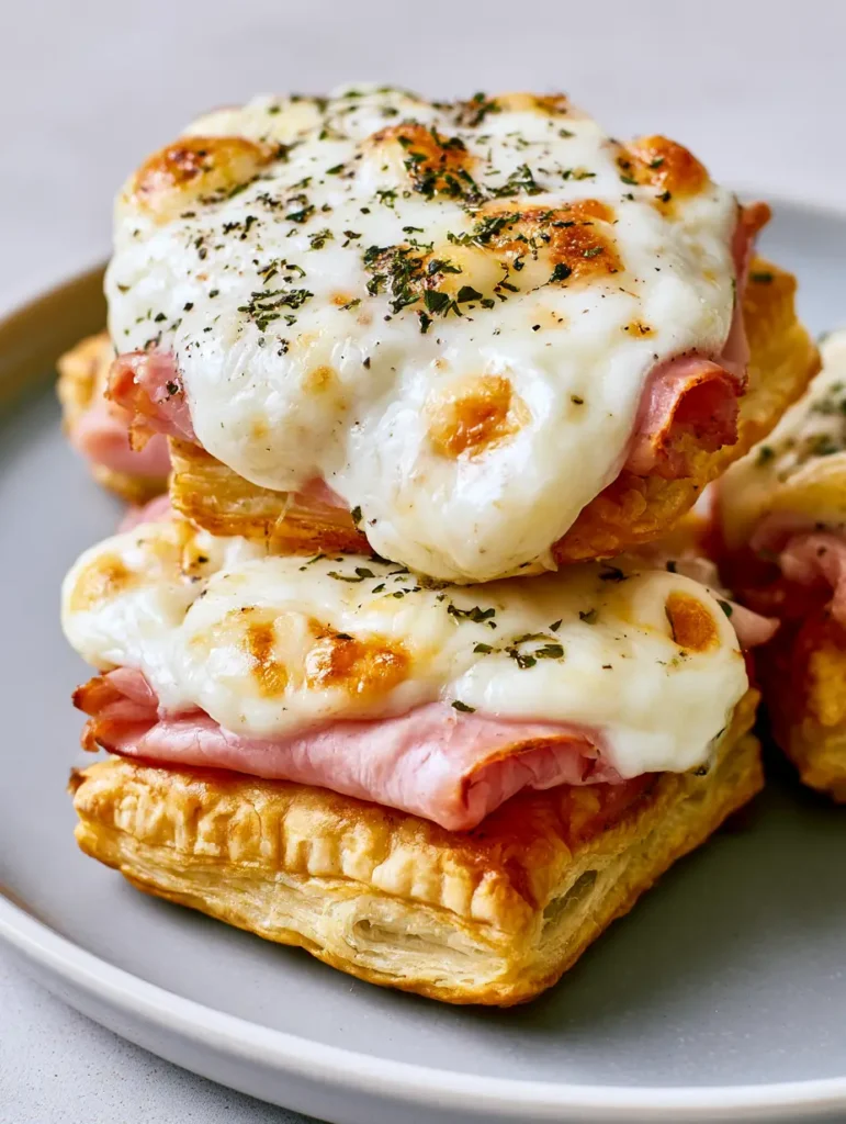 Ham and Cheese Puff Pastry: The Easiest Flaky 20-Minute Appetizer 1 Overhead view of several Ham and Cheese Puff Pastry squares on a light gray ceramic plate.