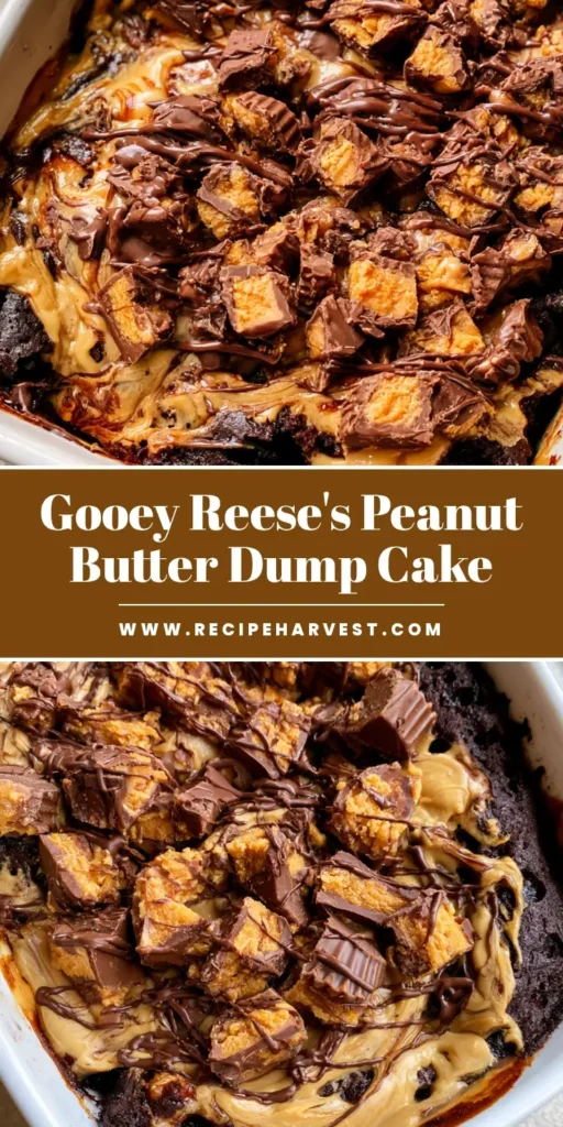 Peanut Butter Cup Dump Cake: The Ultimate Gooey Chocolate Dessert 3 Close-up of Peanut Butter Cup Dump Cake with melted peanut butter swirls and chopped Reese's cups in a white dish.