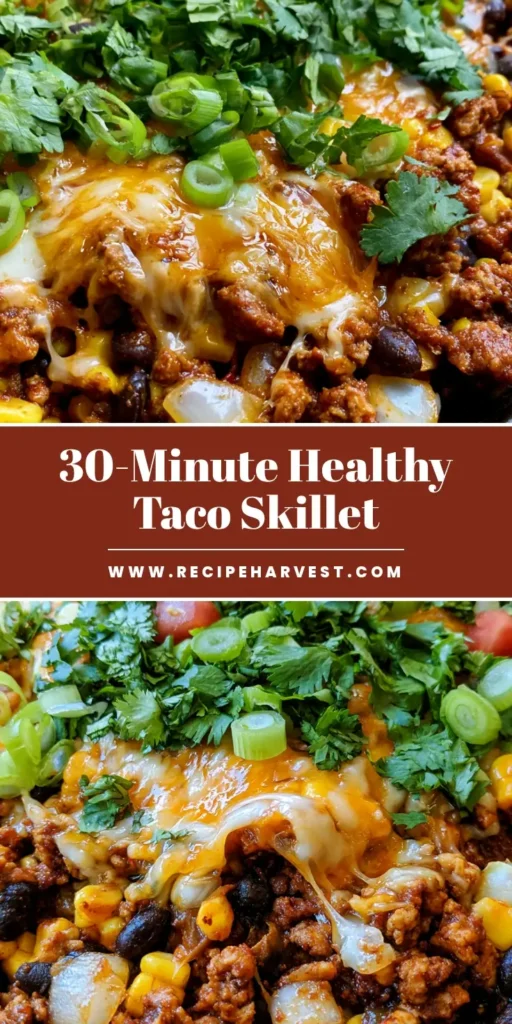 A rustic black cast iron skillet filled with a Ground Turkey Taco Skillet, topped with melted orange and white cheese, fresh cilantro, scallions, and diced tomatoes.