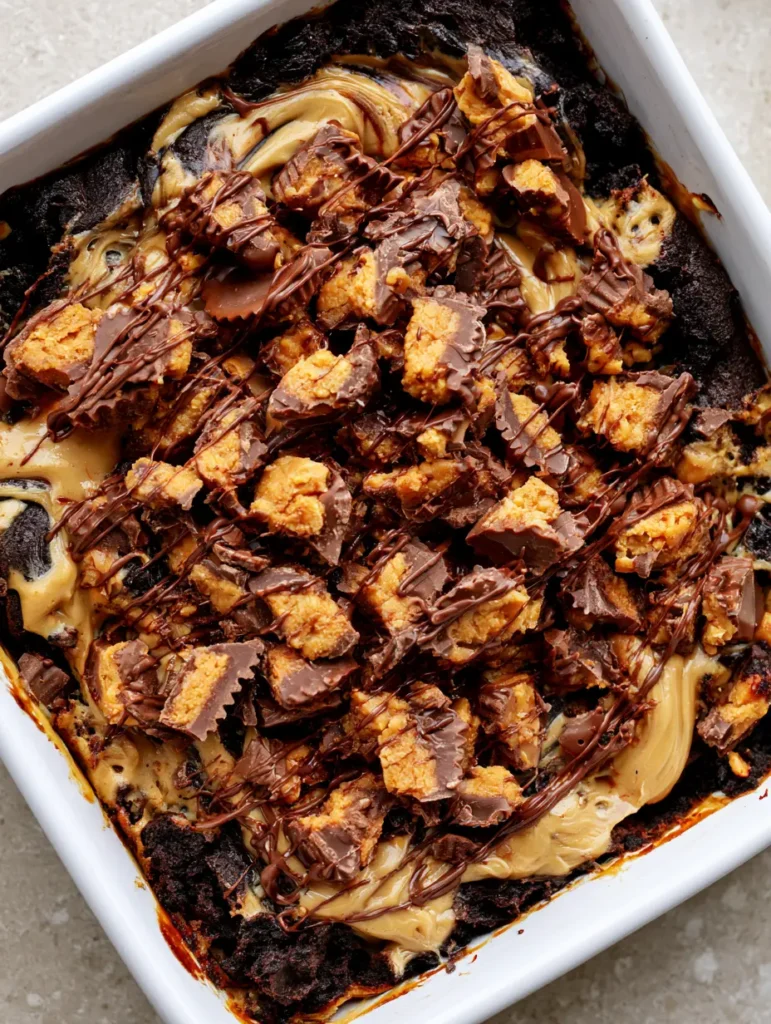 High-angle shot of Peanut Butter Cup Dump Cake showing dark chocolate cake crumbs and peanut butter marbling.