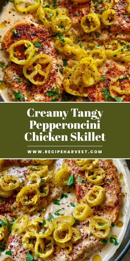 Pepperoncini Chicken Skillet with Creamy Garlic Sauce 4 A dark cast iron skillet filled with golden-brown chicken in a creamy ivory sauce topped with yellowish-green pepperoncini rings. (Pepperoncini Chicken Skillet)