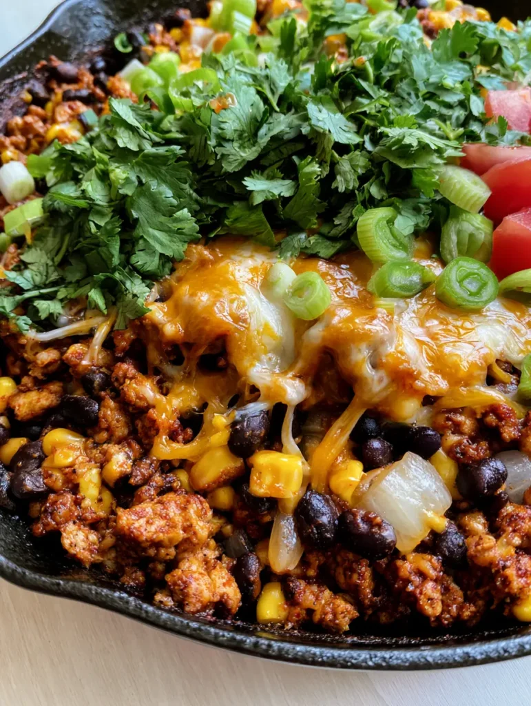Close up handheld photo of Ground Turkey Taco Skillet showing browned turkey crumbles, corn, and black beans under melted cheese.