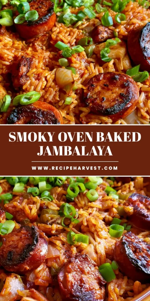 A deep terracotta dish filled with Smoky Oven Baked Jambalaya featuring long-grain rice, charred andouille sausage, and green onions.