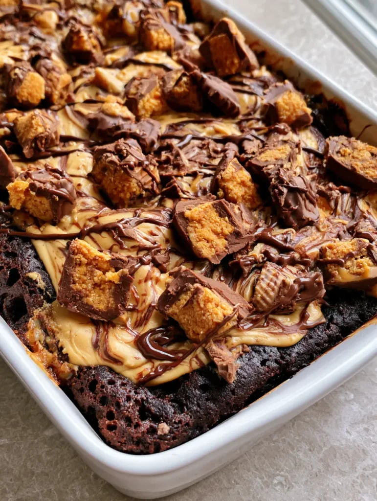 Peanut Butter Cup Dump Cake: The Ultimate Gooey Chocolate Dessert 1 Close-up of caramelized cake edges and glossy chocolate syrup drizzle on a Peanut Butter Cup Dump Cake.
