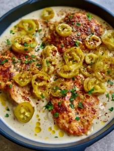 Top-down view of three golden-brown seared chicken breasts in a luscious ivory cream sauce with pepperoncini rings. (Pepperoncini Chicken Skillet)