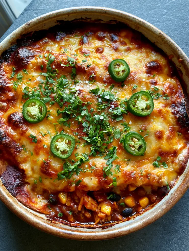 Chicken Enchilada Casserole: The Ultimate Cheesy Comfort Food 2 Rustic ceramic dish filled with Chicken Enchilada Casserole fresh from the oven.