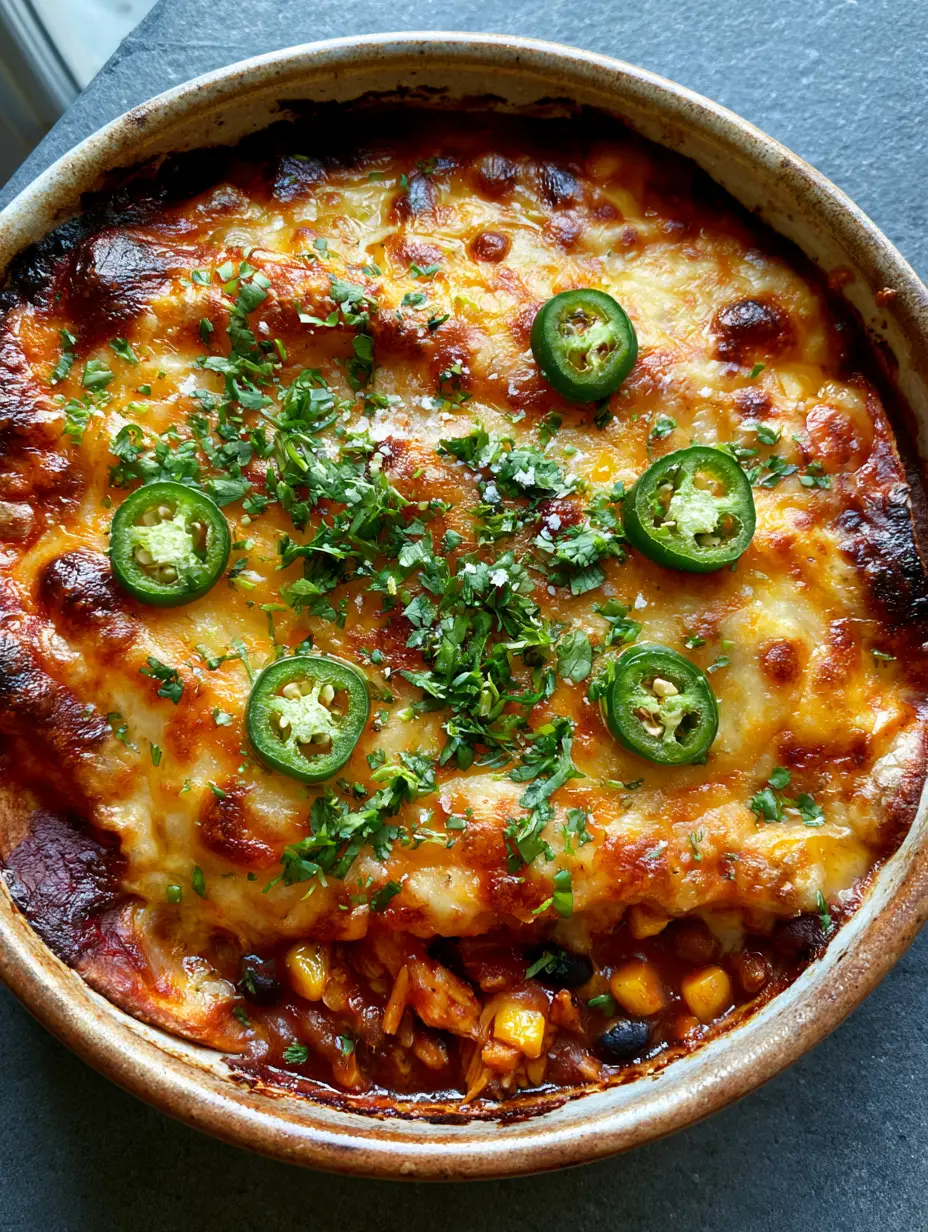 Chicken Enchilada Casserole: The Ultimate Cheesy Comfort Food 3 Rustic ceramic dish filled with Chicken Enchilada Casserole fresh from the oven.
