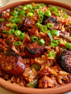 Close-up of Smoky Oven Baked Jambalaya showing the reddish-orange rice and charred sausage rounds.