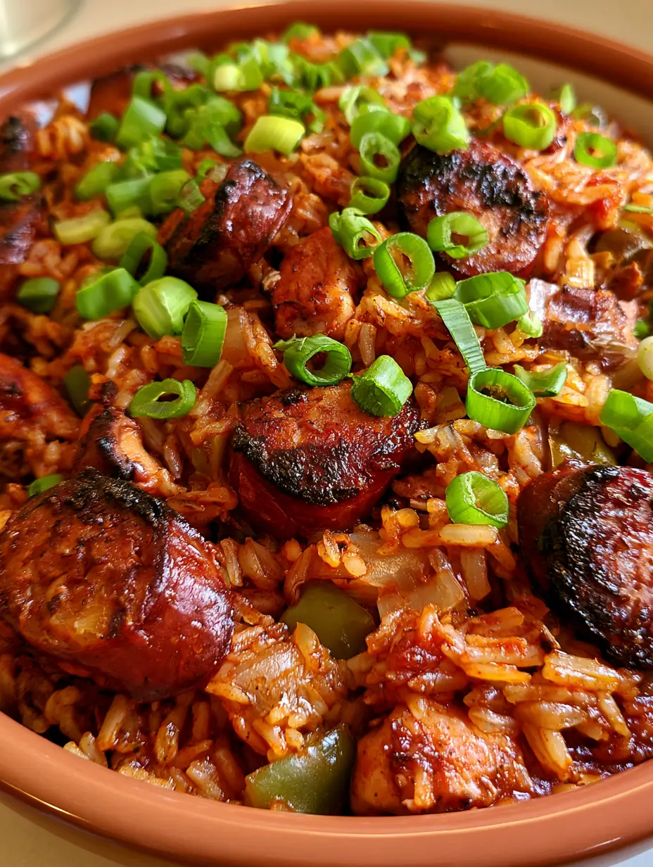 Close-up of Smoky Oven Baked Jambalaya showing the reddish-orange rice and charred sausage rounds.
